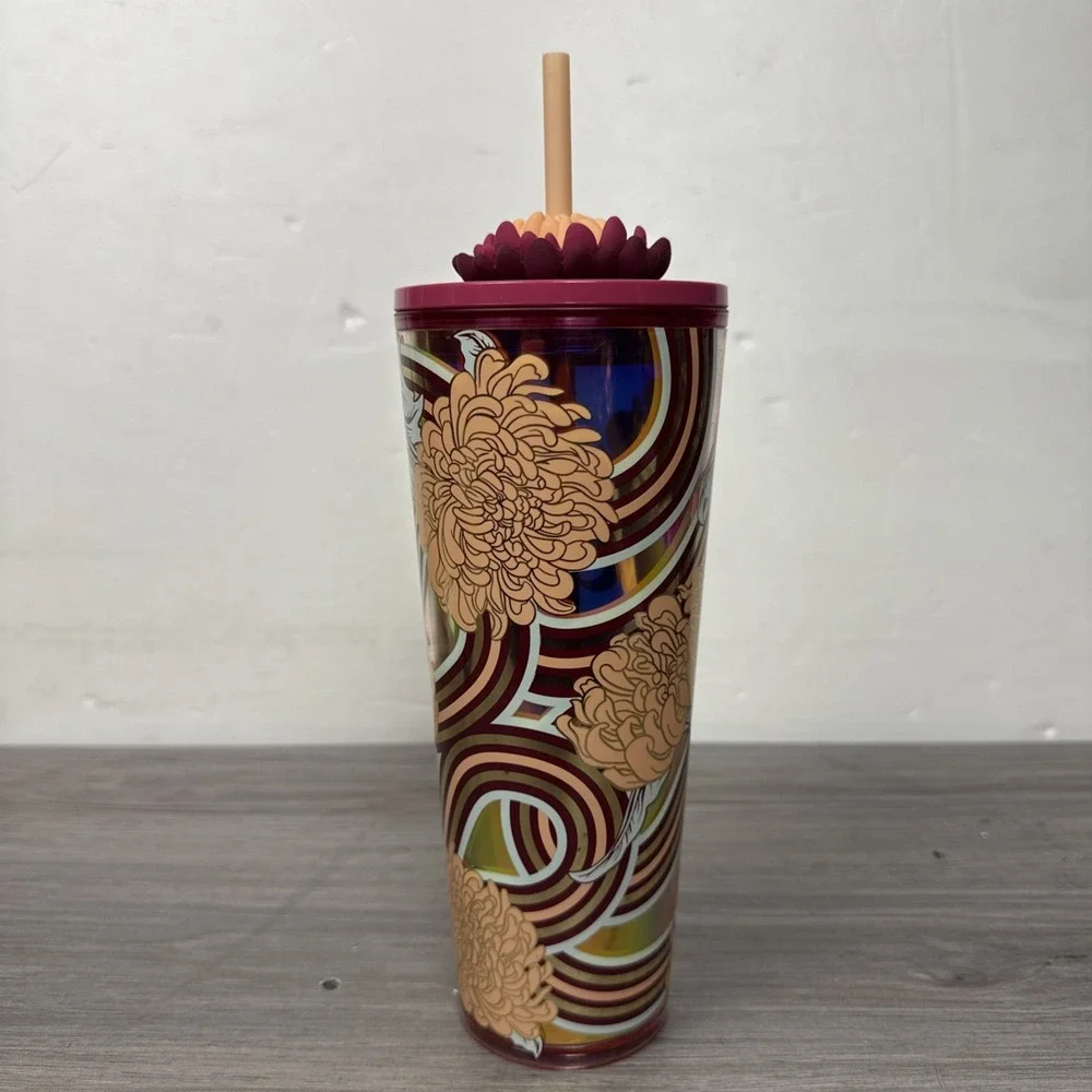 New Starbucks Holiday 2024 Cold Cup Tumbler Pink Gold Flower Straw Charm 24oz